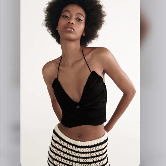 Zara Black DRAPED CROP TOP Size Medium - Picture 1 of 10